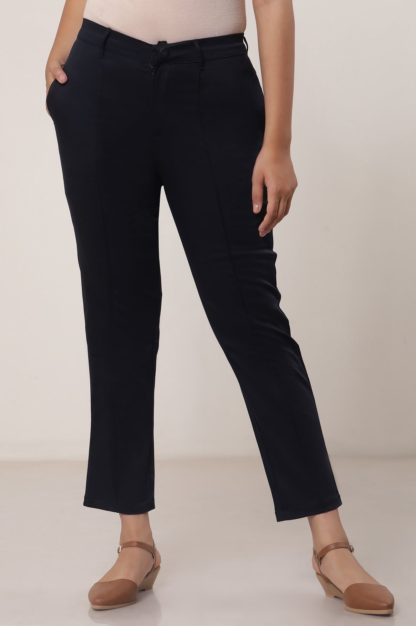 Black Solid Cotton Blend Straight Trousers &amp; Pants