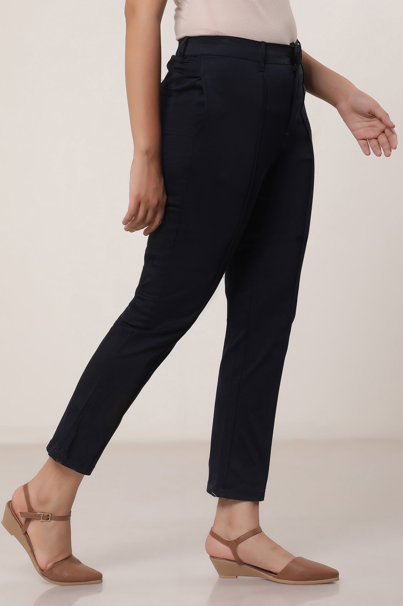 Black Solid Cotton Blend Straight Trousers &amp; Pants