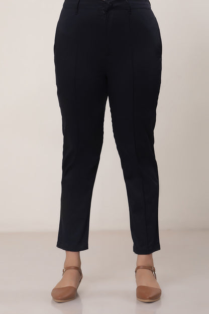 Black Solid Cotton Blend Straight Trousers &amp; Pants