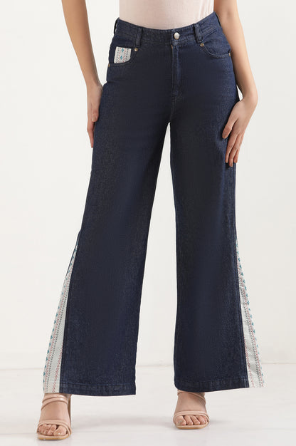 Blue Denim Flared Jeans with Printed Fabric Insert