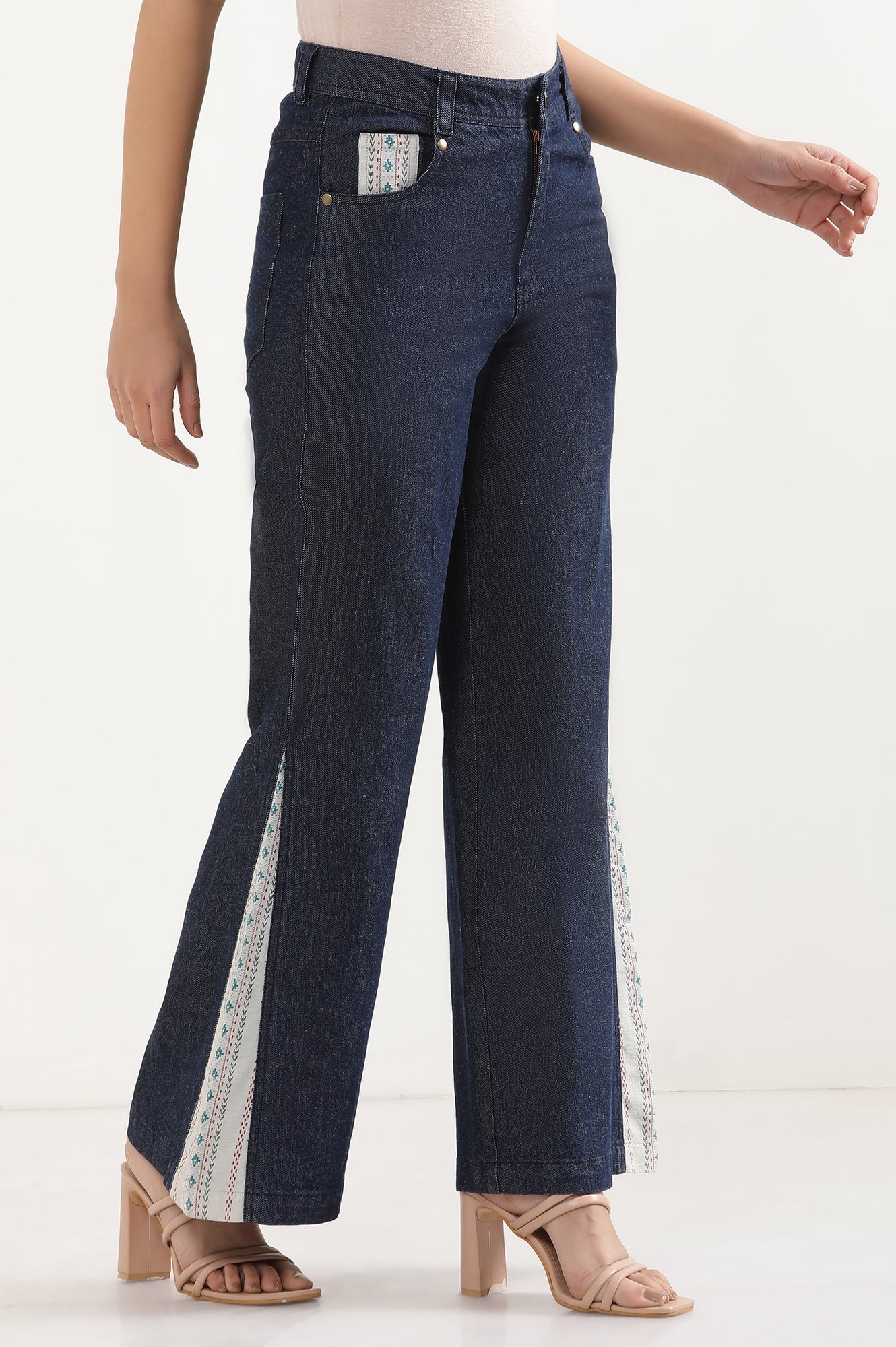 Blue Denim Flared Jeans with Printed Fabric Insert