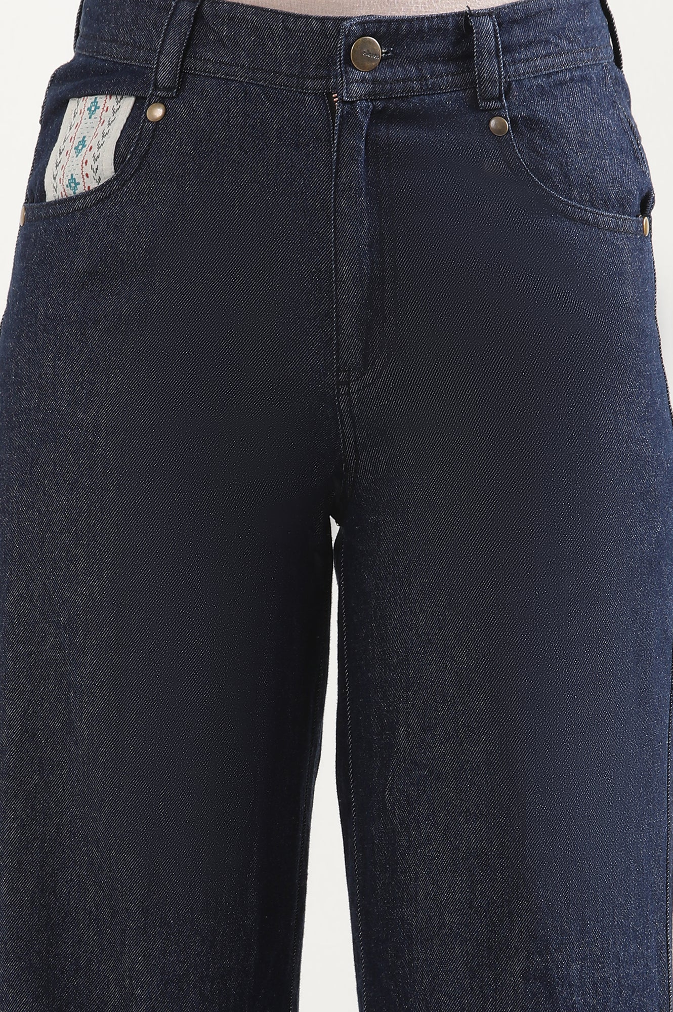 Blue Denim Flared Jeans with Printed Fabric Insert