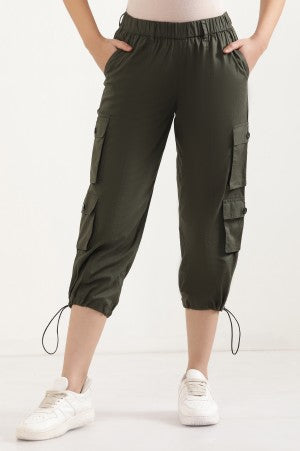 Forest Green Eight Pockets Cropped Cargo