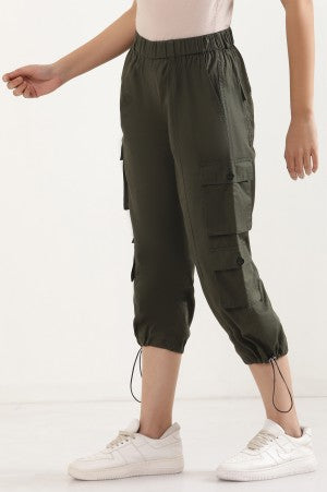 Forest Green Eight Pockets Cropped Cargo