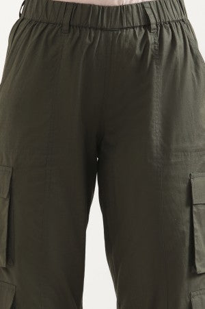 Forest Green Eight Pockets Cropped Cargo