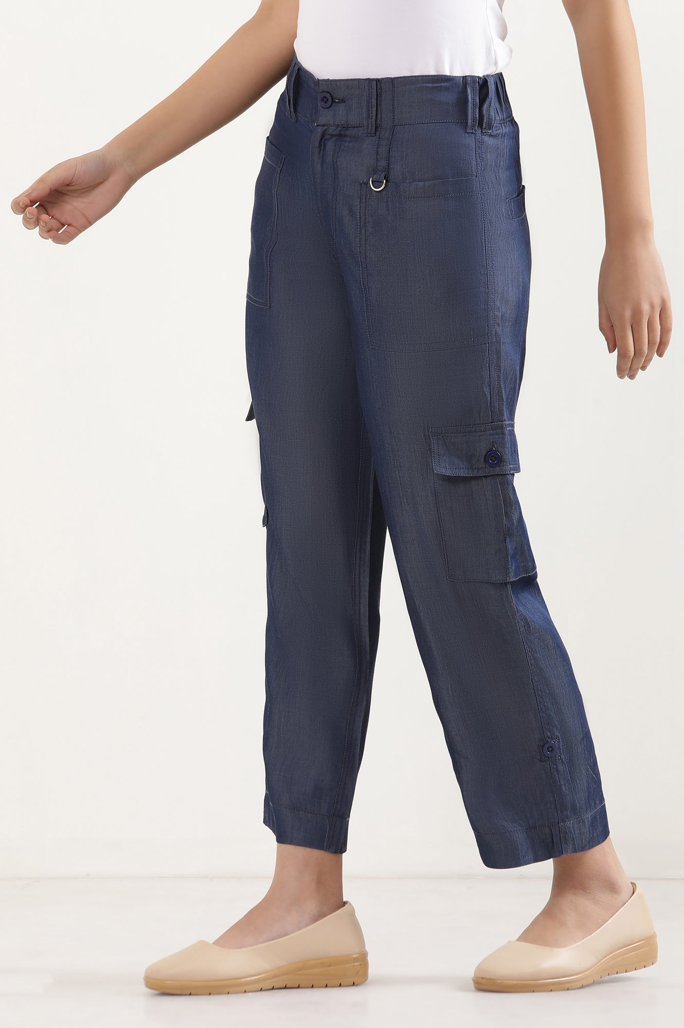 Blue Six Pockets Cropped Cargo Pants