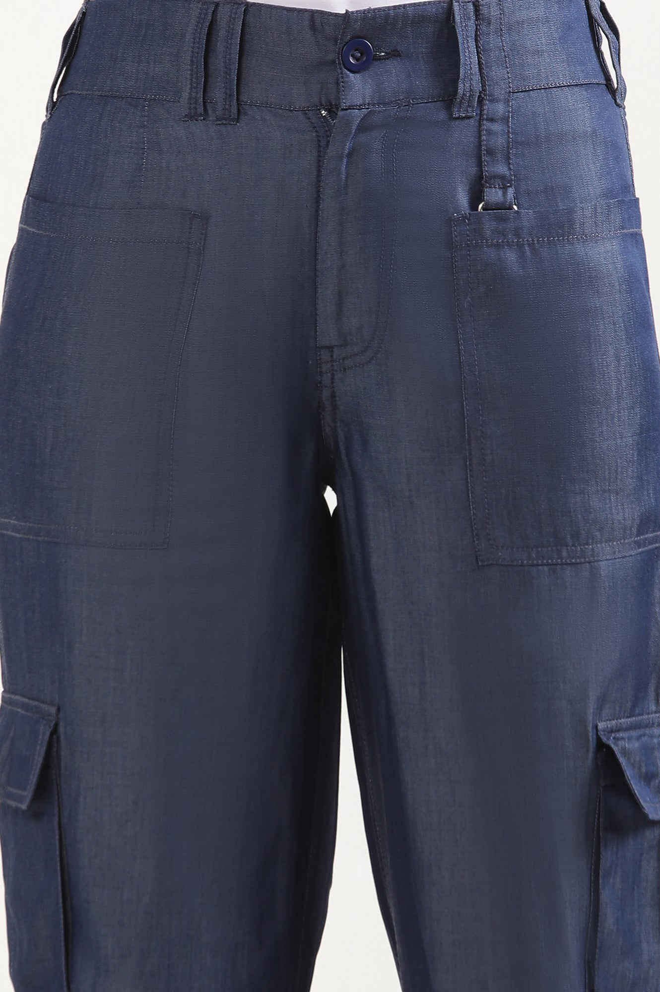 Blue Six Pockets Cropped Cargo Pants