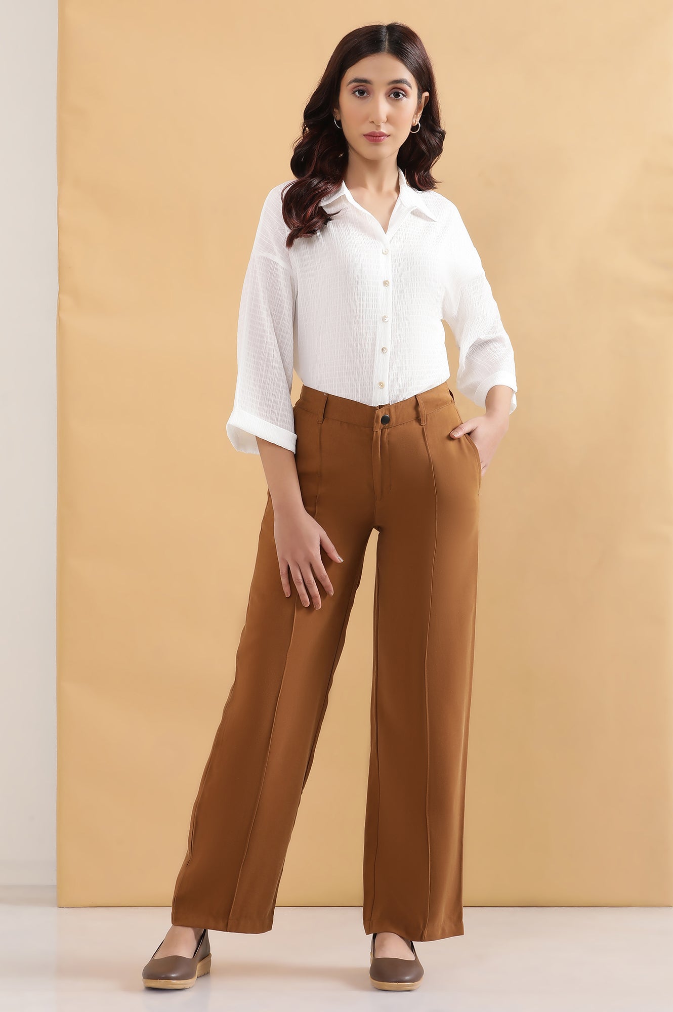 Brown Pintuck Parallel Pants