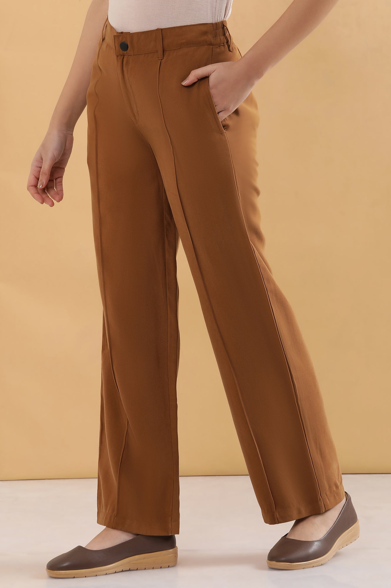 Brown Pintuck Parallel Pants