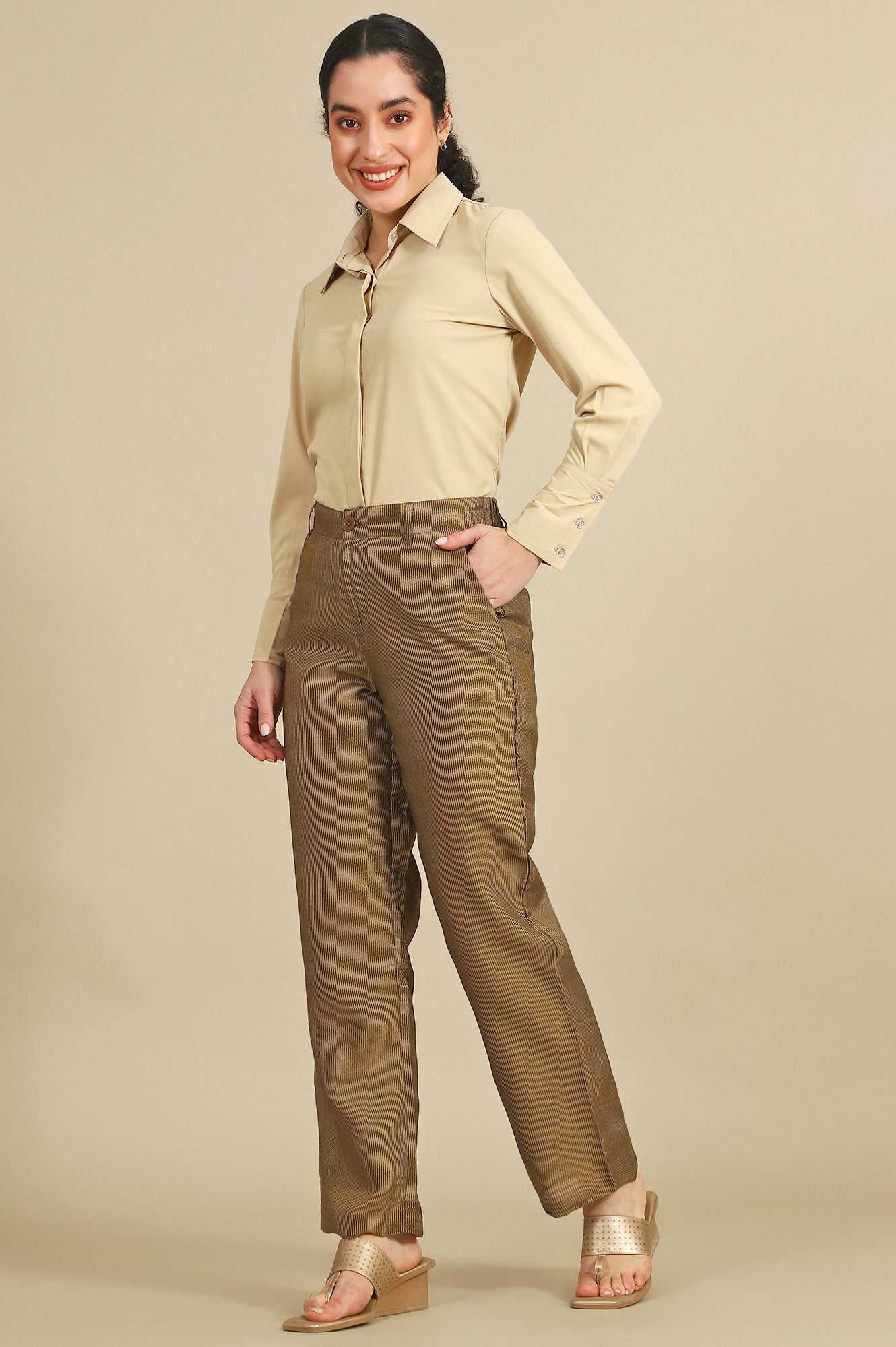 Brown Yarn Dyed Zari Straight Trousers &amp; Pants