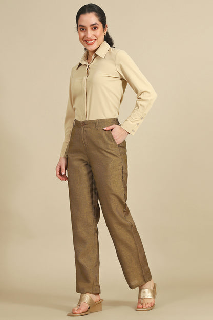 Brown Yarn Dyed Zari Straight Trousers &amp; Pants