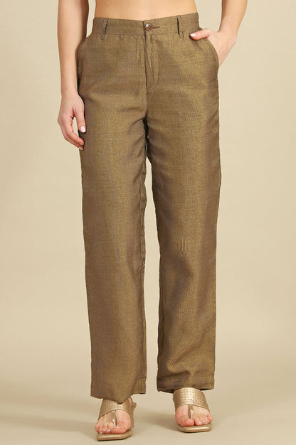 Brown Yarn Dyed Zari Straight Trousers &amp; Pants