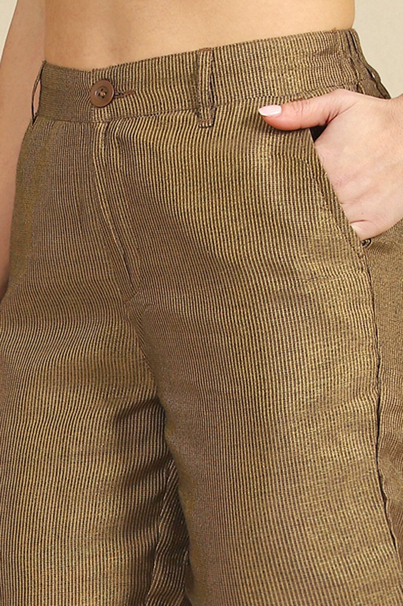 Brown Yarn Dyed Zari Straight Trousers &amp; Pants