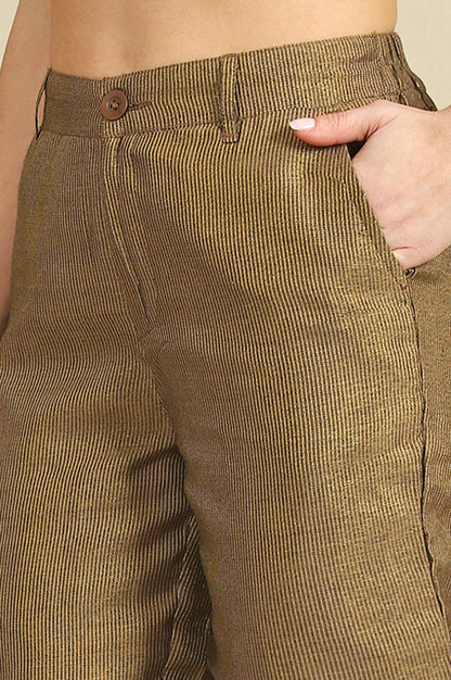 Brown Yarn Dyed Zari Straight Trousers &amp; Pants