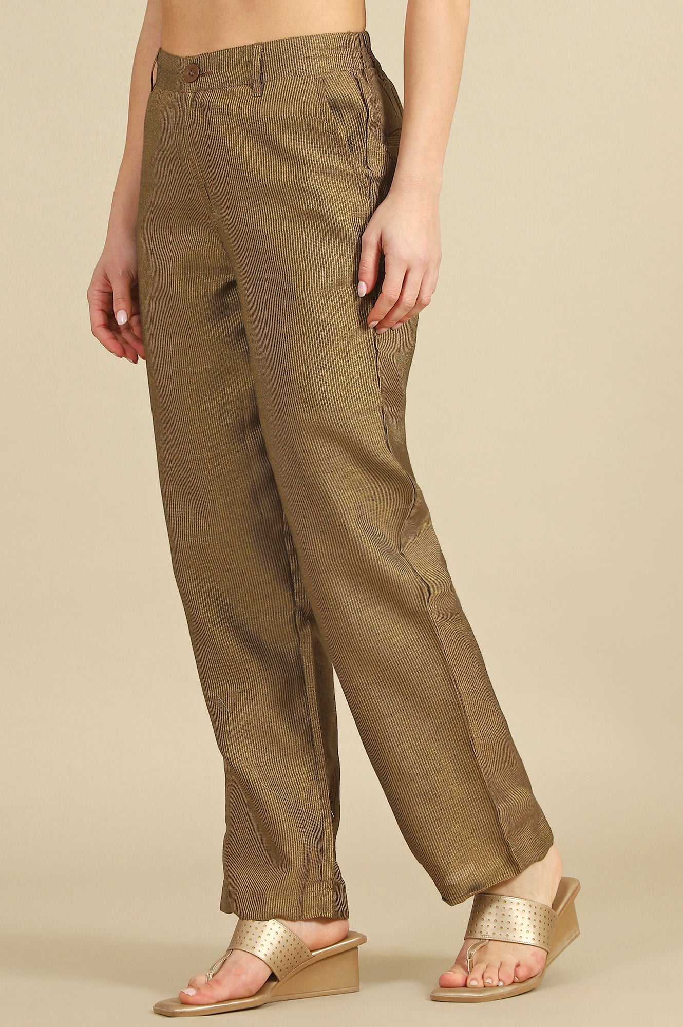 Brown Yarn Dyed Zari Straight Trousers &amp; Pants