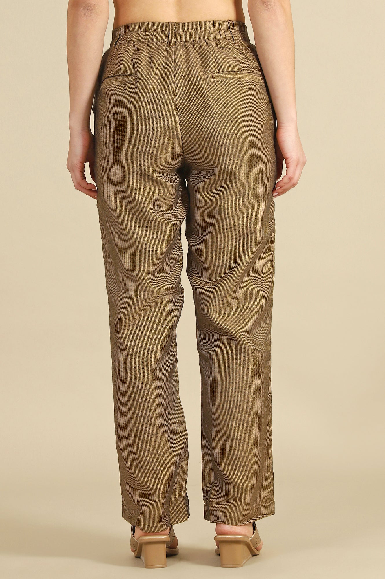 Brown Yarn Dyed Zari Straight Trousers &amp; Pants