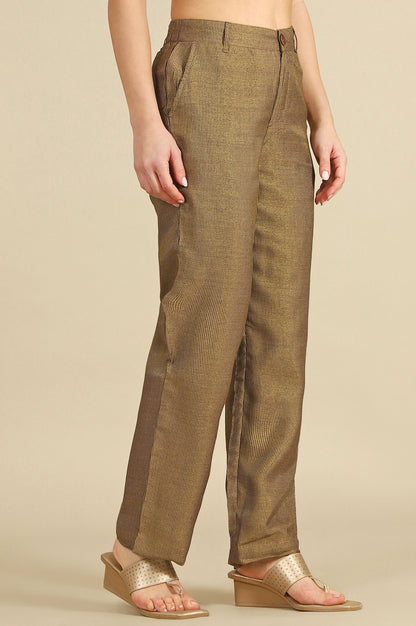 Brown Yarn Dyed Zari Straight Trousers &amp; Pants