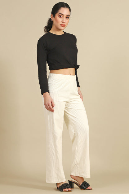 Cream Solid Cotton Blend Straight Trousers &amp; Pants