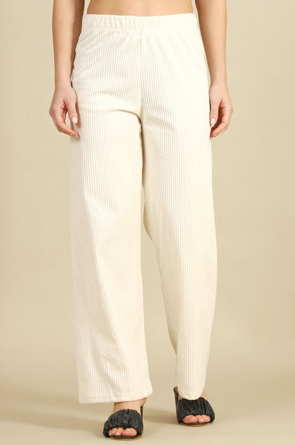 Cream Solid Cotton Blend Straight Trousers &amp; Pants