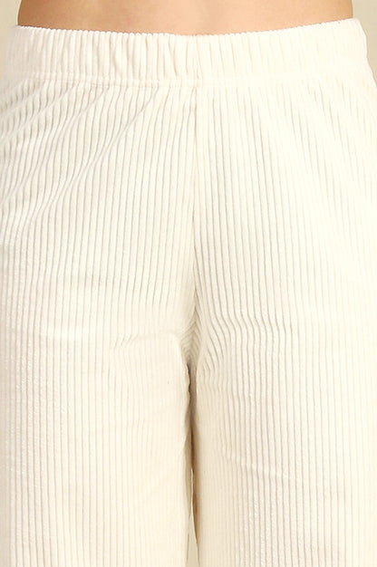 Cream Solid Cotton Blend Straight Trousers &amp; Pants