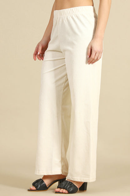 Cream Solid Cotton Blend Straight Trousers &amp; Pants