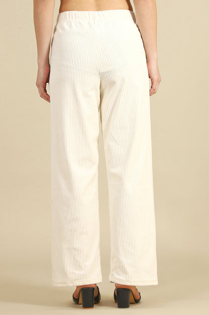 Cream Solid Cotton Blend Straight Trousers &amp; Pants