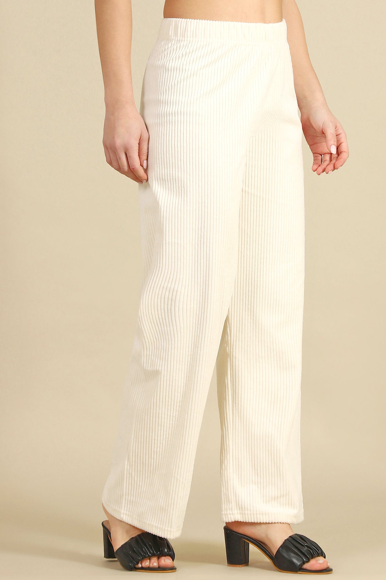 Cream Solid Cotton Blend Straight Trousers &amp; Pants