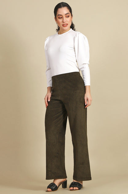 Green Solid Cotton Blend Straight Trousers &amp; Pants