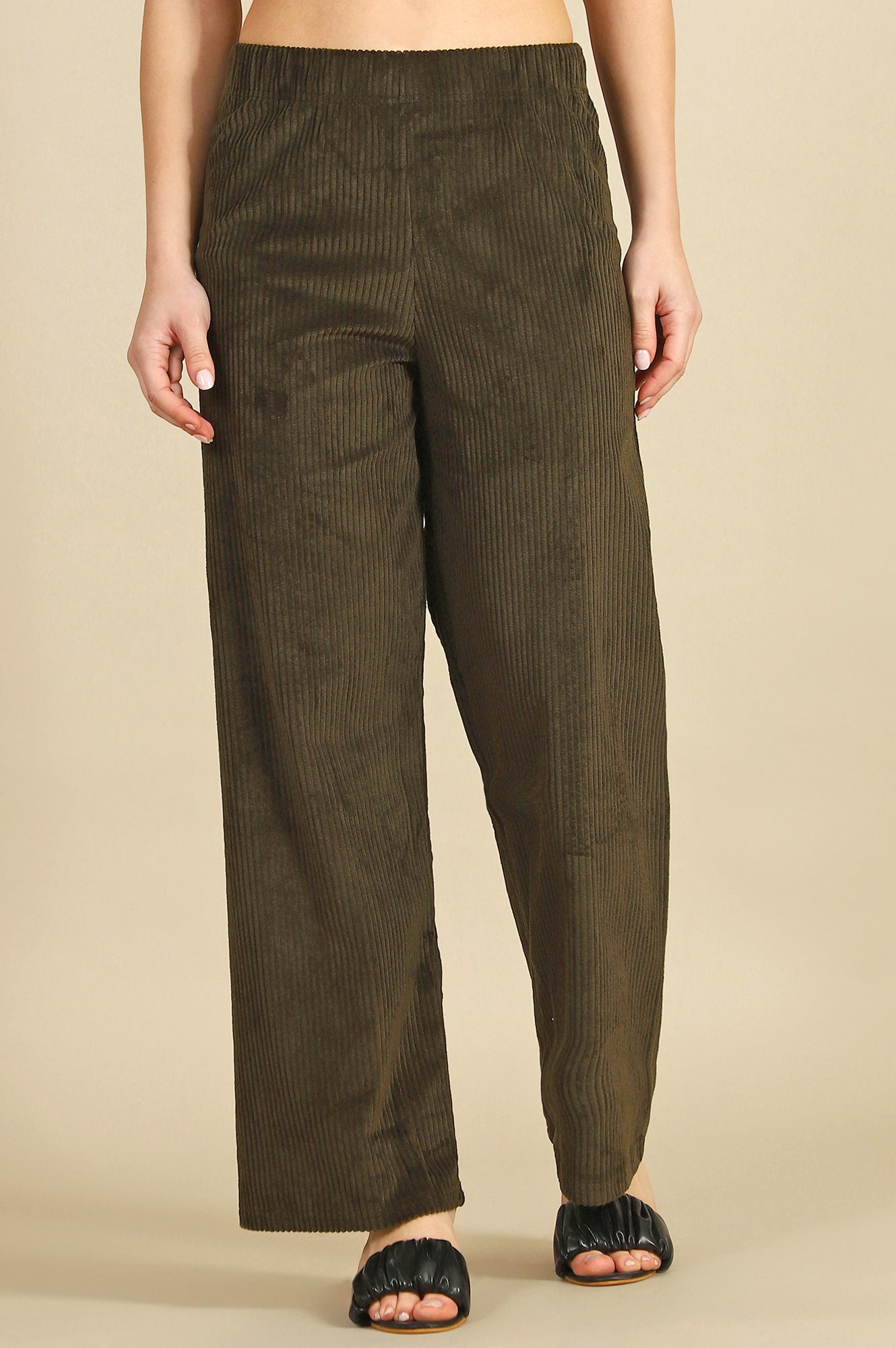 Green Solid Cotton Blend Straight Trousers &amp; Pants