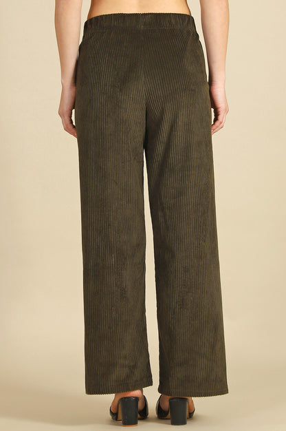 Green Solid Cotton Blend Straight Trousers &amp; Pants