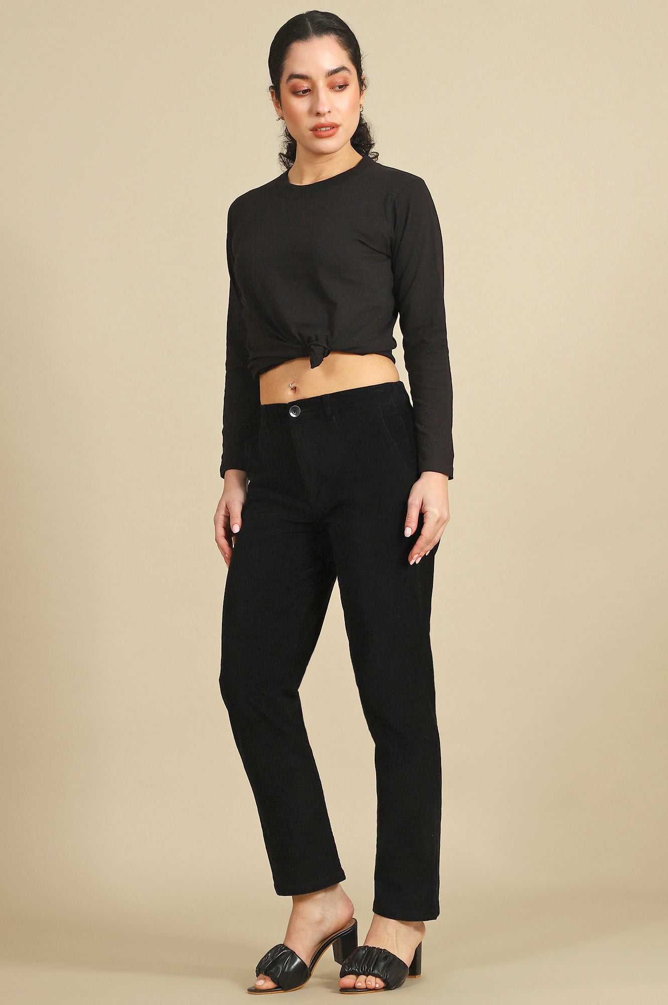 Black Solid Cotton Blend Straight Trousers &amp; Pants