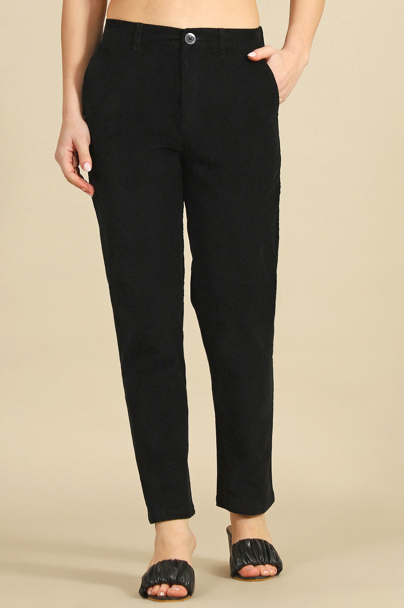 Black Solid Cotton Blend Straight Trousers &amp; Pants