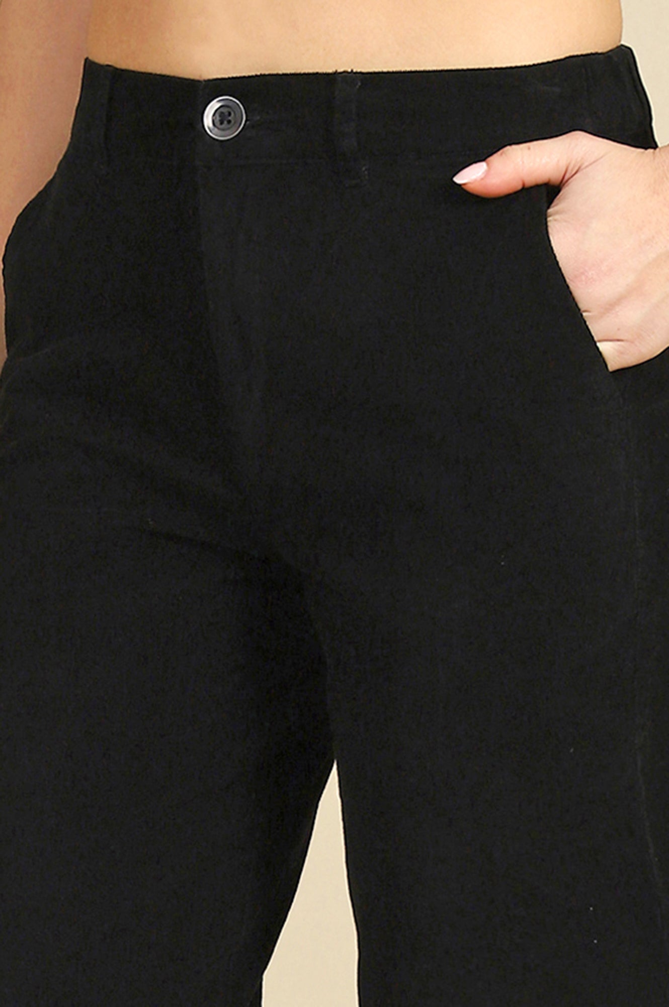 Black Solid Cotton Blend Straight Trousers &amp; Pants