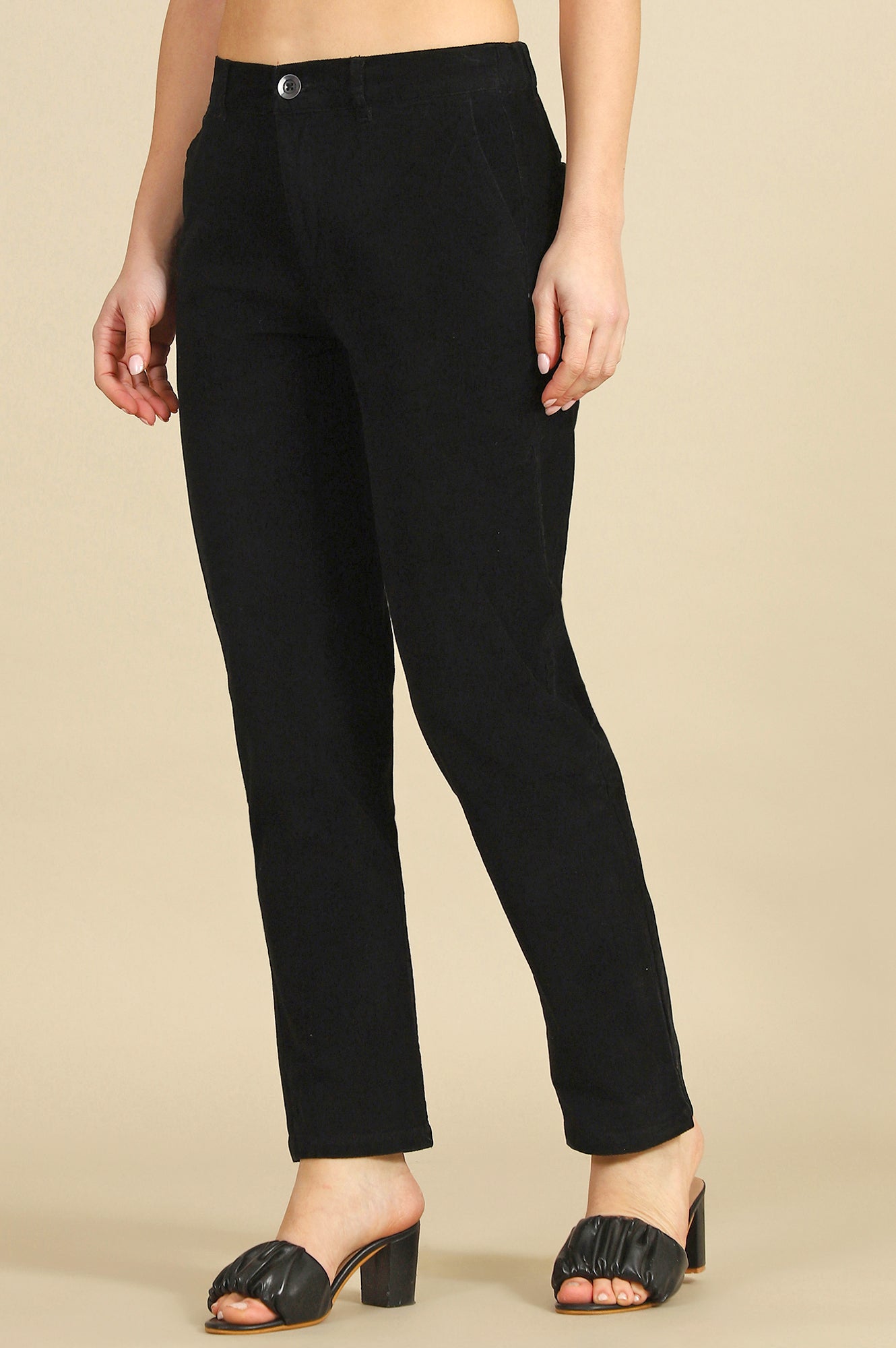 Black Solid Cotton Blend Straight Trousers &amp; Pants