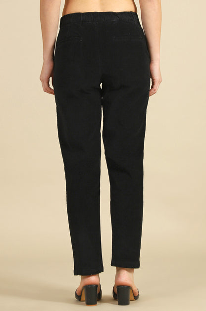 Black Solid Cotton Blend Straight Trousers &amp; Pants