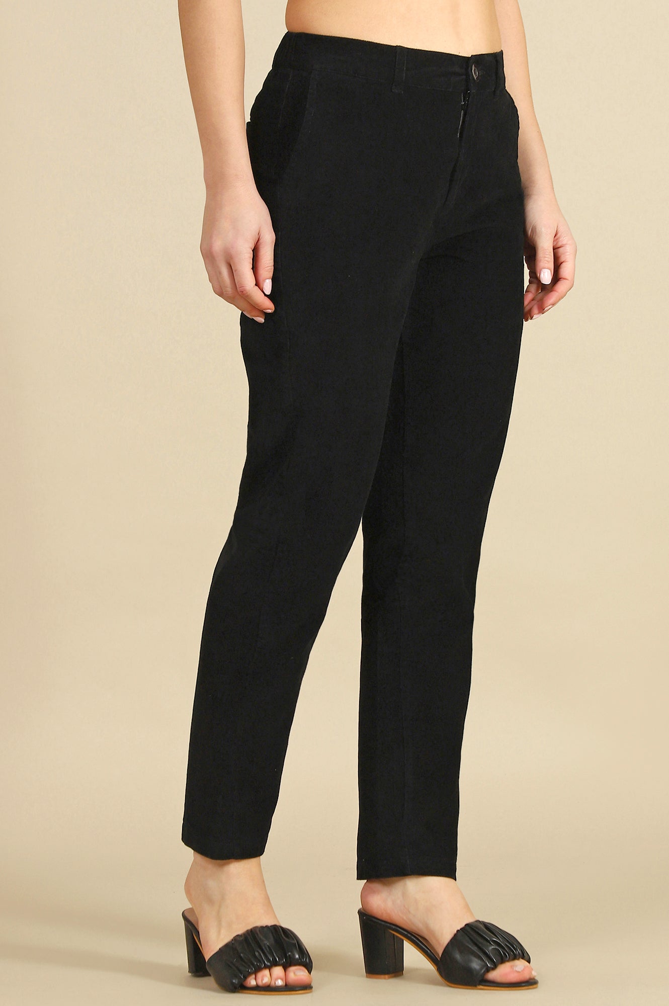 Black Solid Cotton Blend Straight Trousers &amp; Pants