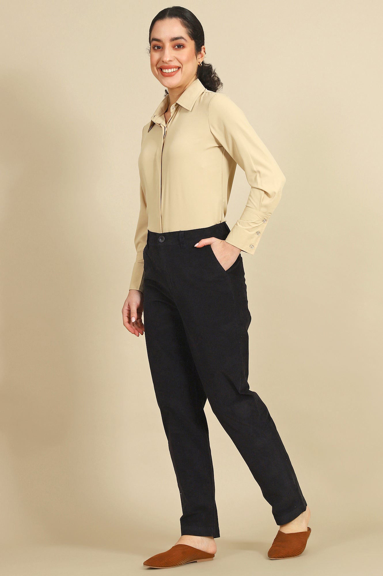 Blue Solid Cotton Blend Straight Trousers &amp; Pants