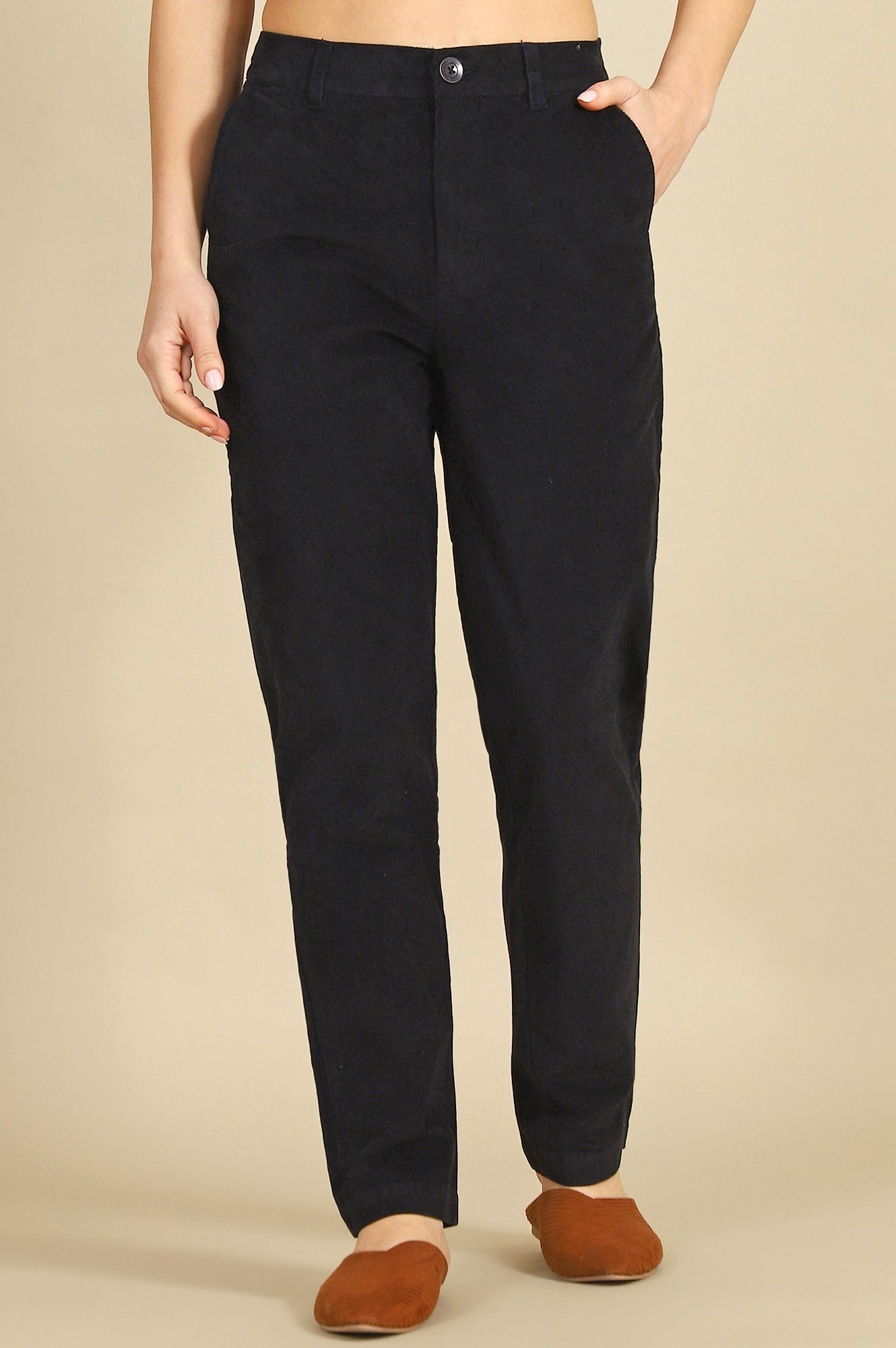 Blue Solid Cotton Blend Straight Trousers &amp; Pants