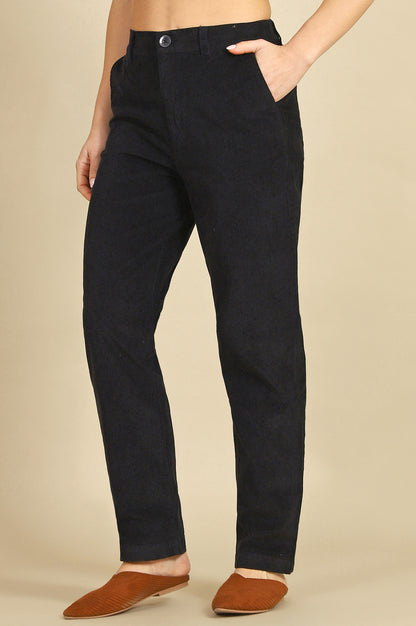 Blue Solid Cotton Blend Straight Trousers &amp; Pants