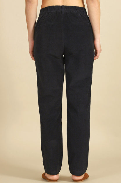 Blue Solid Cotton Blend Straight Trousers &amp; Pants