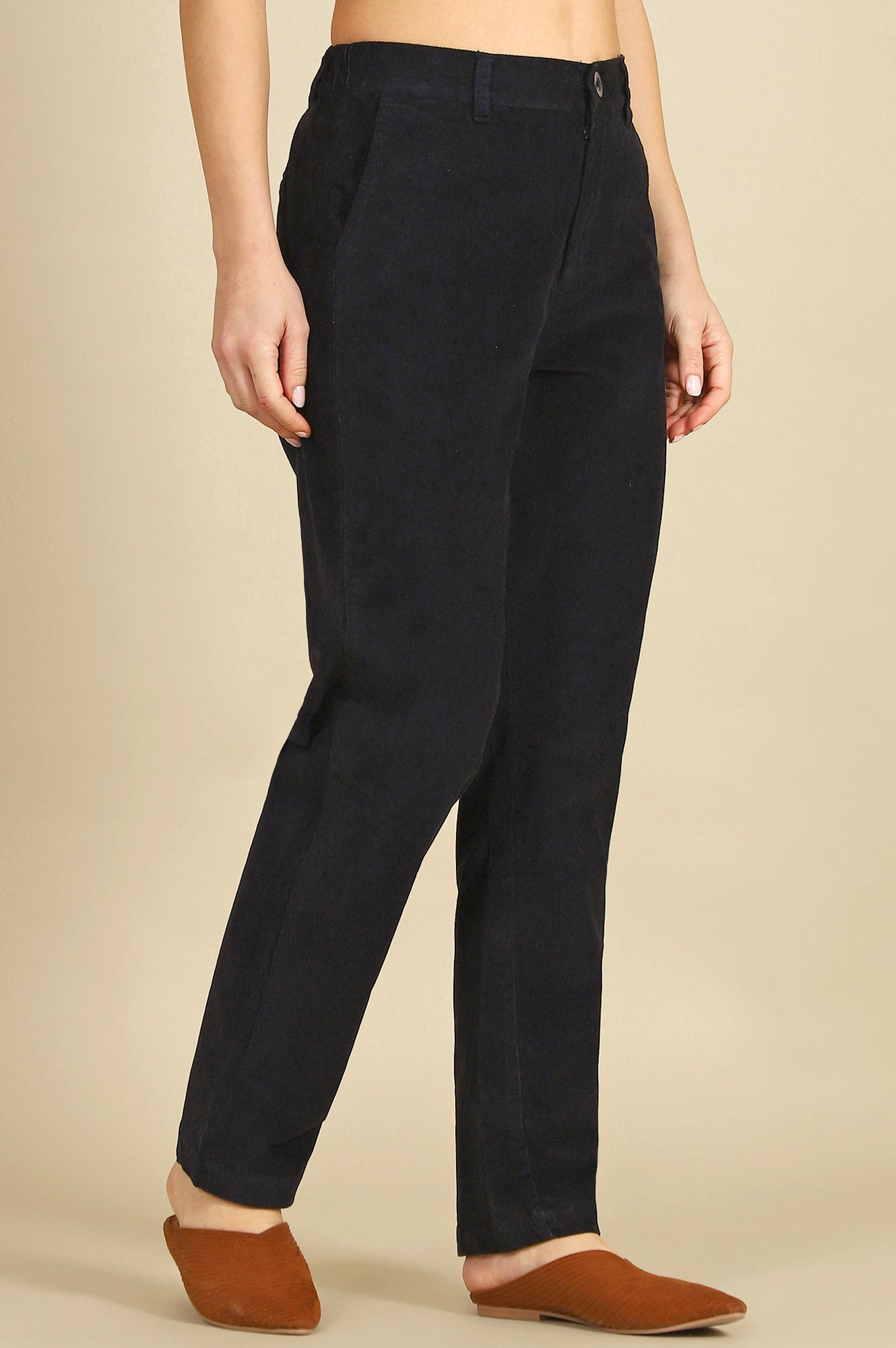 Blue Solid Cotton Blend Straight Trousers &amp; Pants