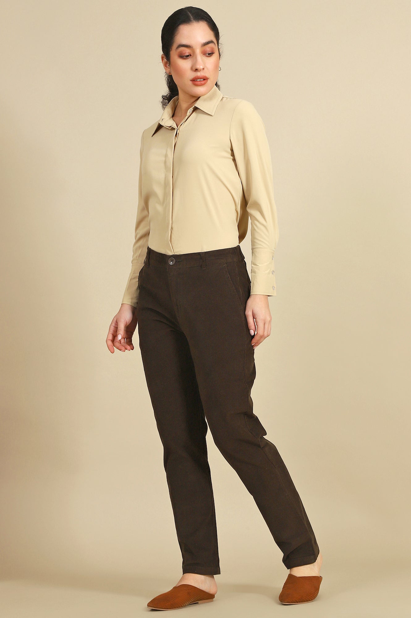 Green Solid Cotton Blend Straight Trousers &amp; Pants