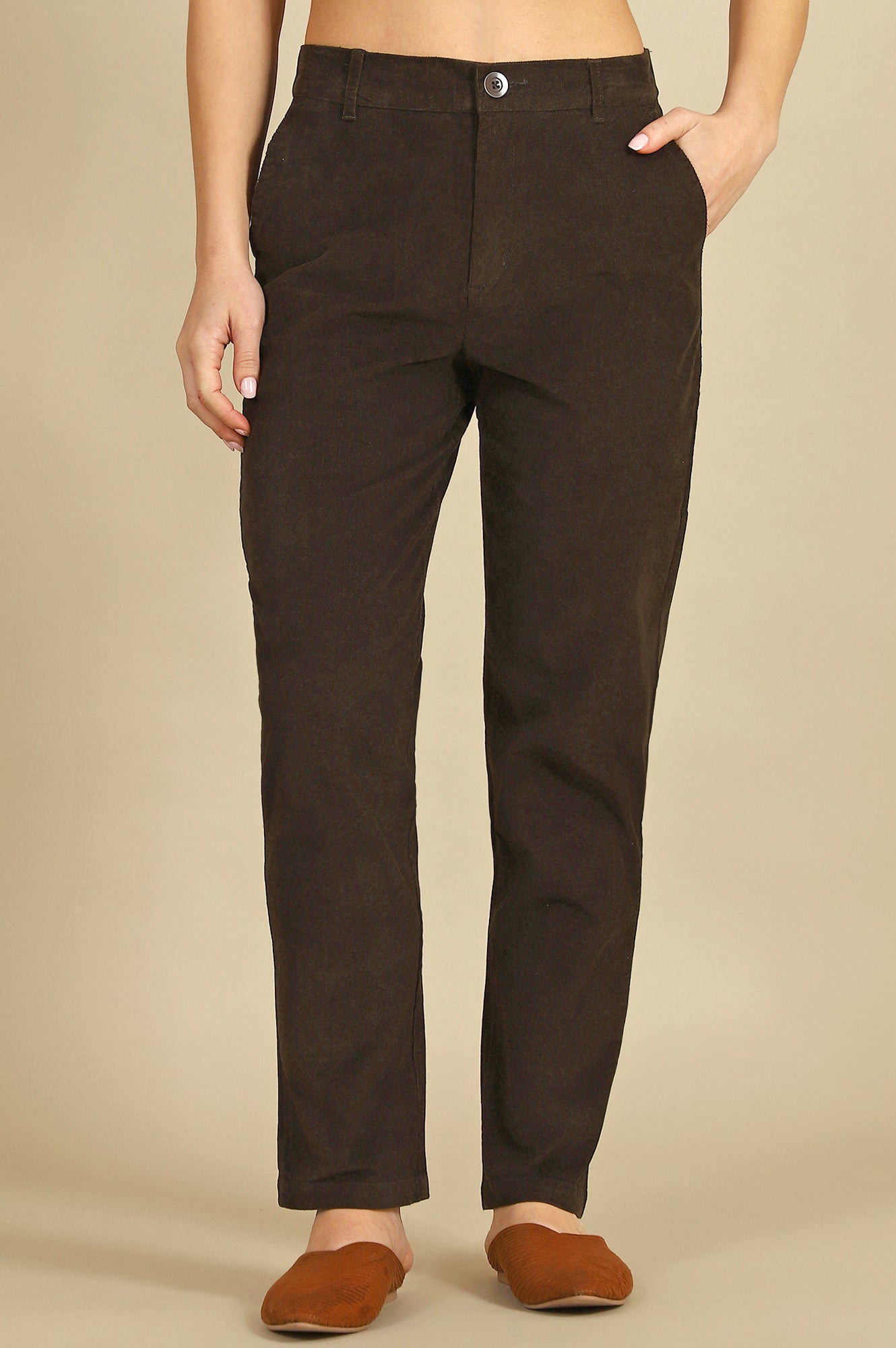 Green Solid Cotton Blend Straight Trousers &amp; Pants