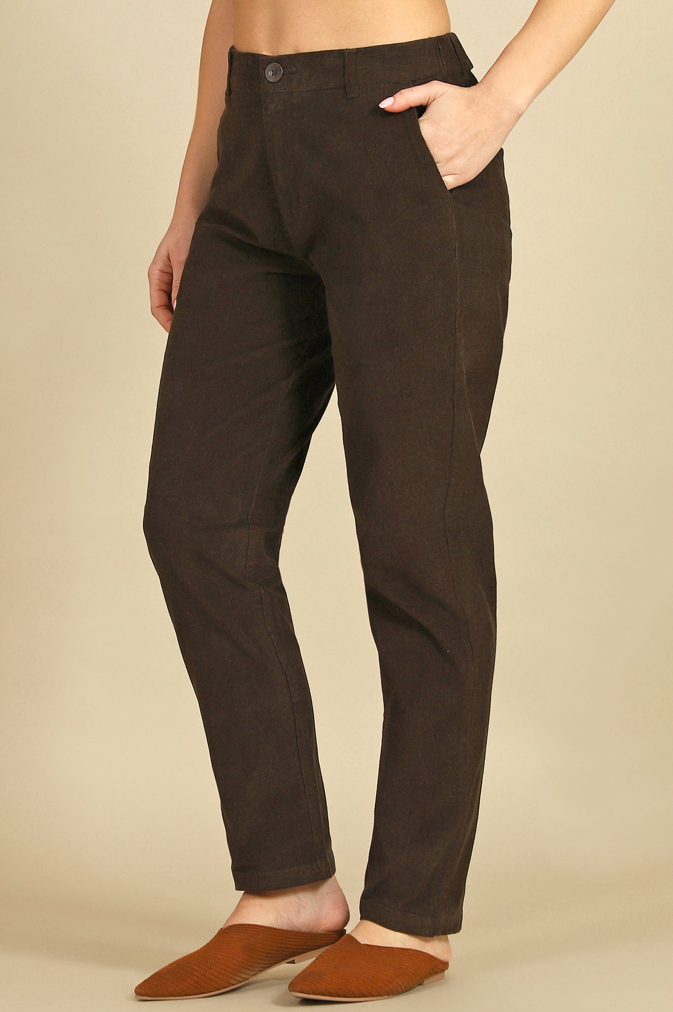 Green Solid Cotton Blend Straight Trousers &amp; Pants