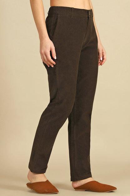 Green Solid Cotton Blend Straight Trousers &amp; Pants