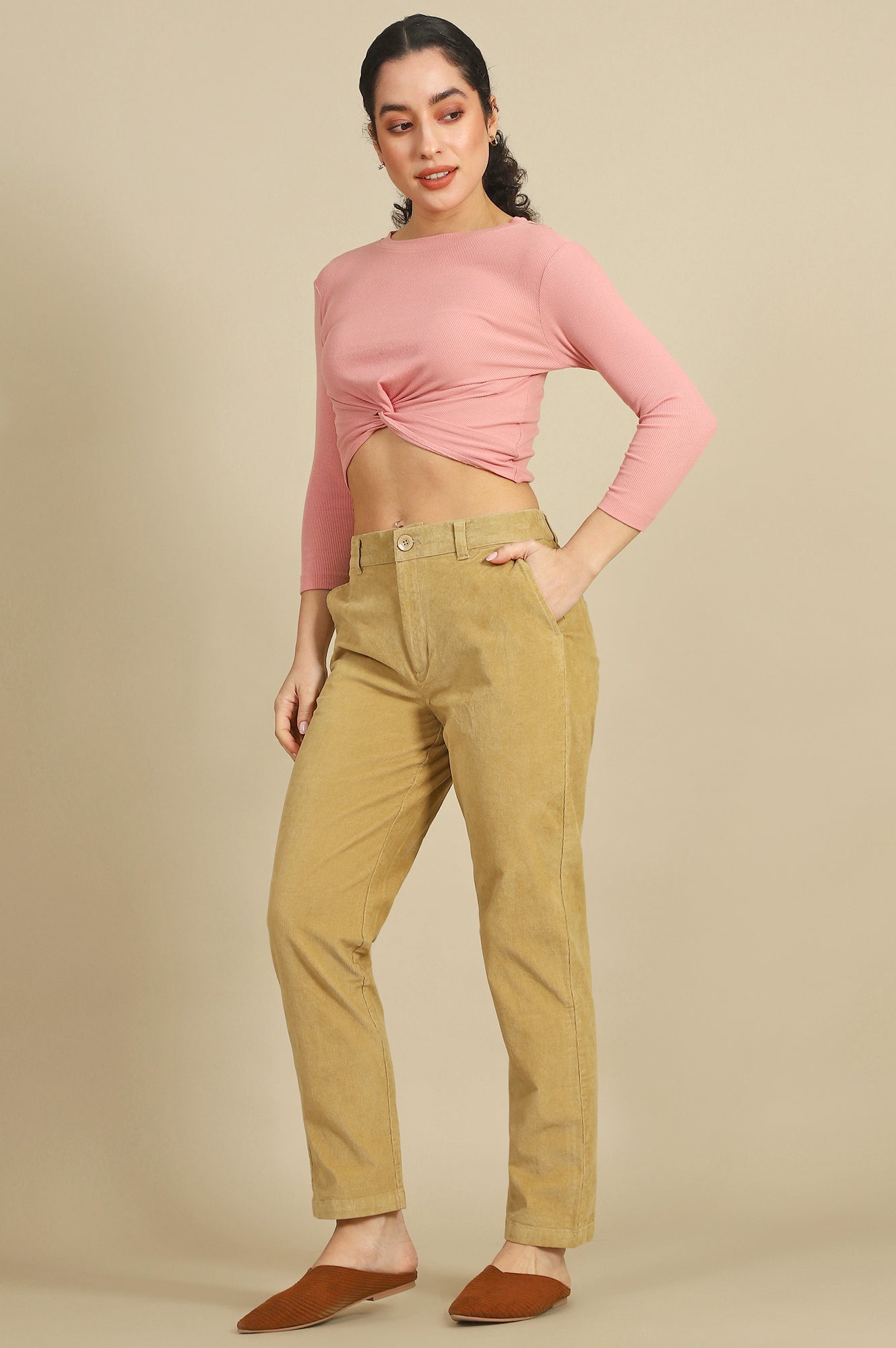 Beige Solid Cotton Blend Straight Trousers &amp; Pants