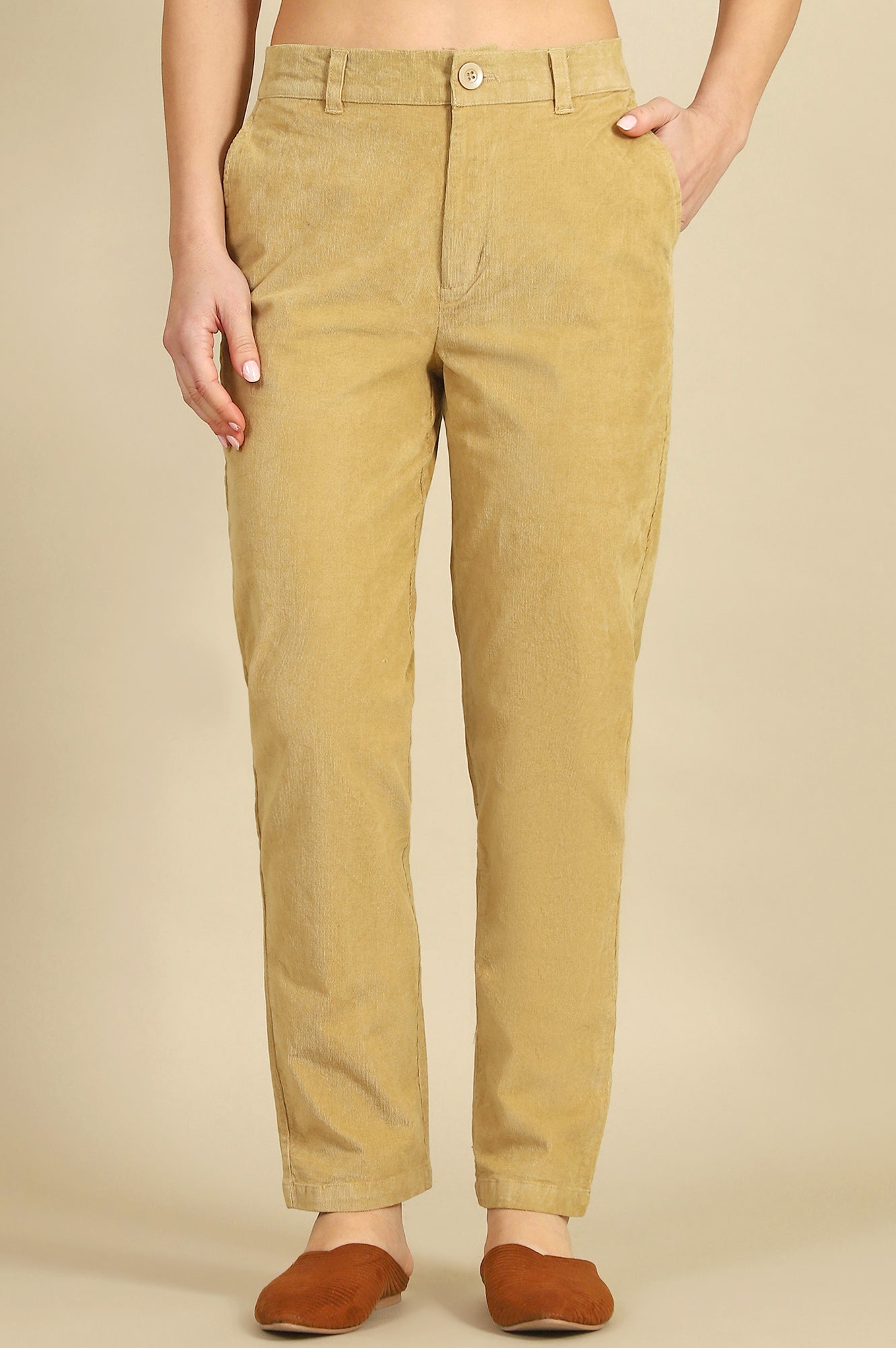 Beige Solid Cotton Blend Straight Trousers &amp; Pants