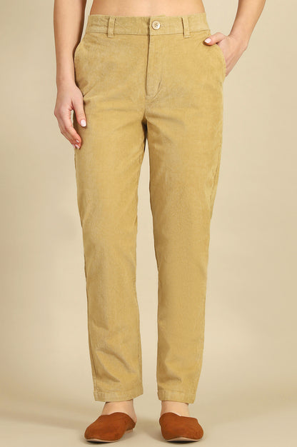 Beige Solid Cotton Blend Straight Trousers &amp; Pants