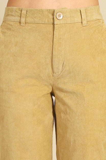 Beige Solid Cotton Blend Straight Trousers &amp; Pants