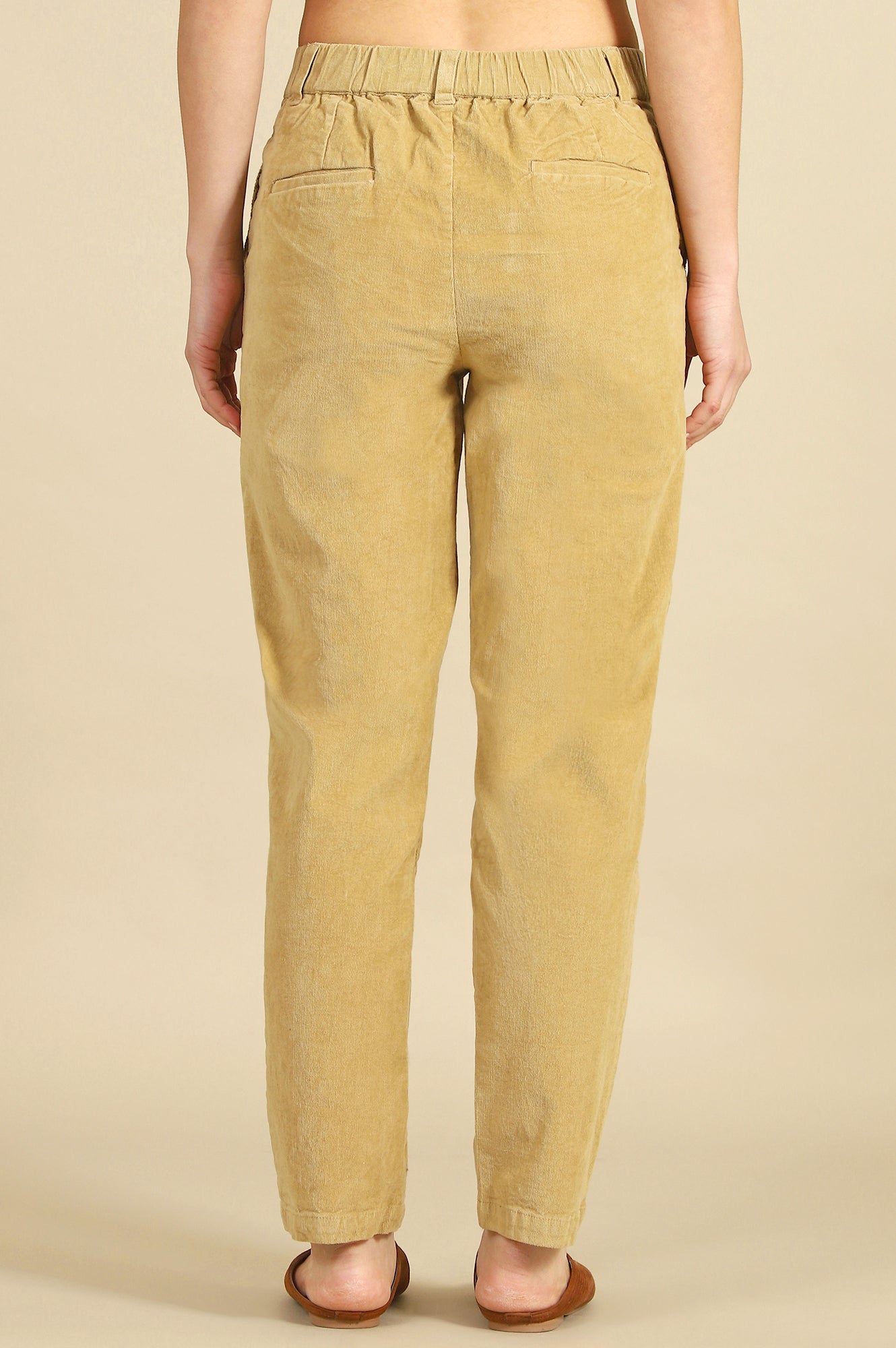 Beige Solid Cotton Blend Straight Trousers &amp; Pants